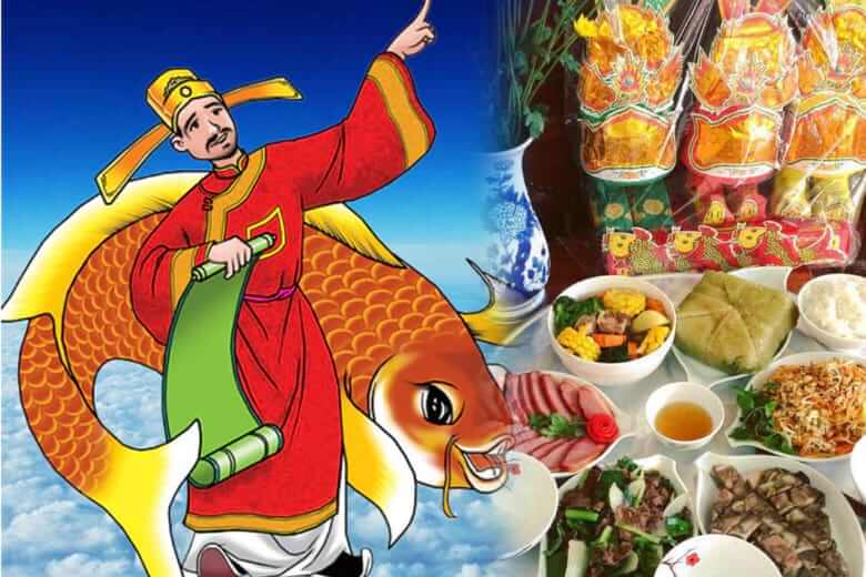 Mâm cúng còn cần có cỗ mũ ông Công ông Táo, trầu cau, hoa quả, trái cây, cùng với ba chén rượu